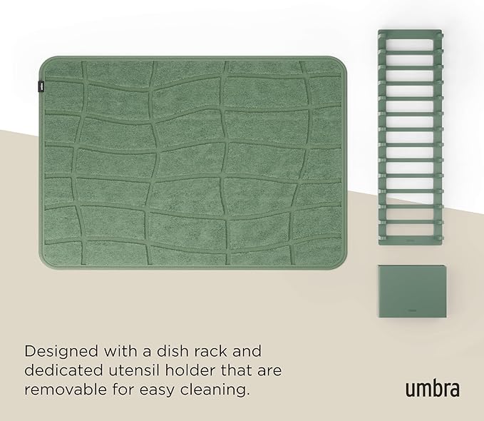 Umbra UDry Dish Drying Rack with Mat – Kitchen Countertop Dish Drainer & Absorbent Microfiber Drying Mat, Foldable Dish Rack Organizer for Plates, Cups & Utensils, Spruce