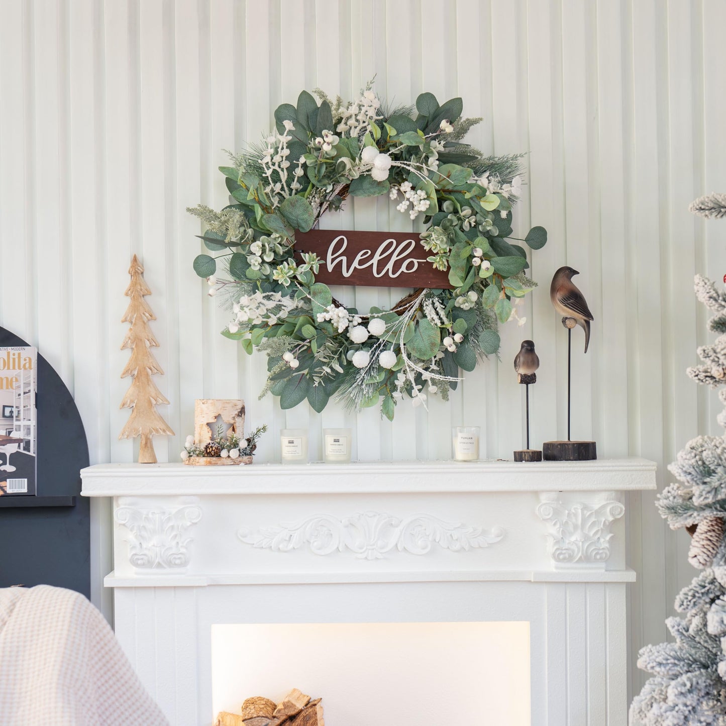 Winter Wreaths Front Door, Soomeir 24 Inch Winter Door Wreath with Snow Leaves, Pines Needles and Hello Wooden Sign for Home Window Mantle Indoor Outdoor Decor