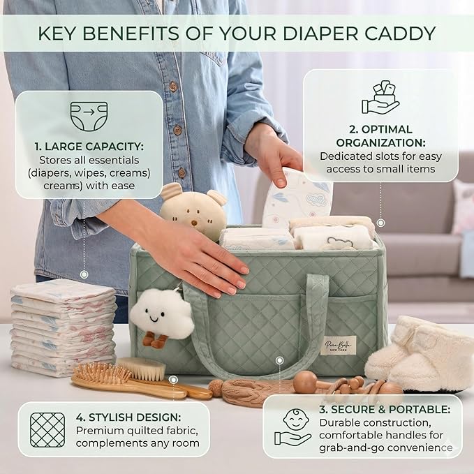 PeraBella Baby Diaper Caddy Organizer, Baby Basket Shower Gift, Portable Changing Table Basket, Postpartum Caddy & Tote Bag Pouch, Newborn Boy & Girl Nursery Essentials Registry, Car Diaper Organizer