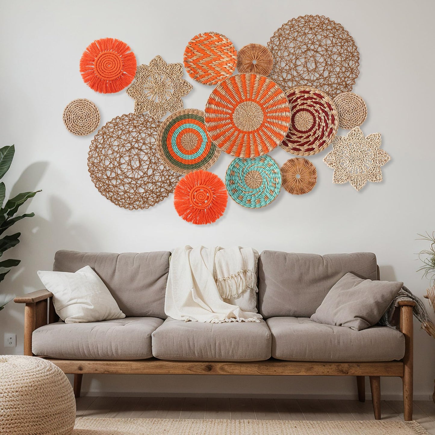 Anglechic 15 Pcs Boho Wall Basket Decor Woven Rattan Seagrass Wall Decor Hanging Rustic Farmhouse Western Art Decoration for Nursery Living Room Bedroom Home Kitchen(Orange Style)