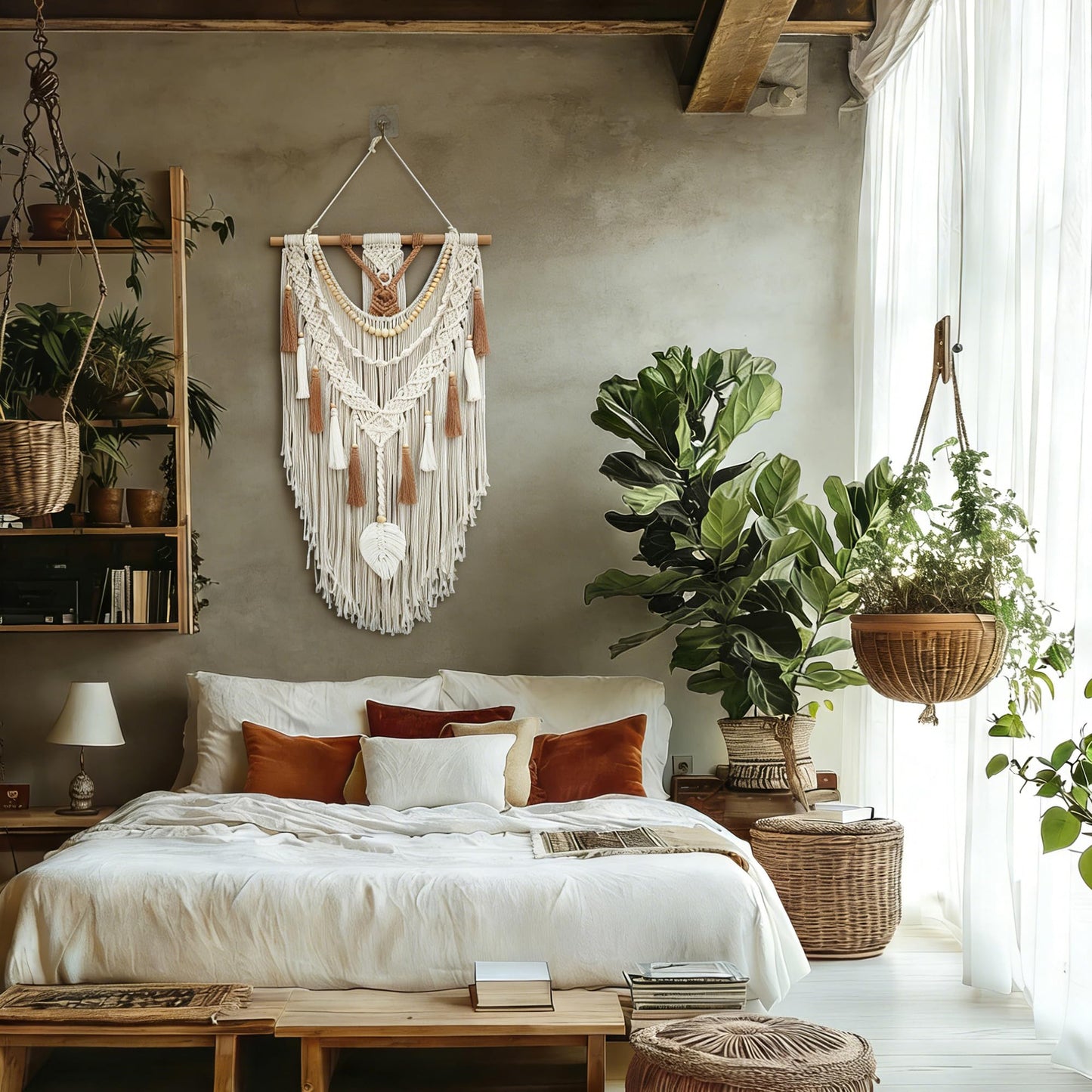 MEIZHIANDME Macrame Wall Hanging, Boho Woven Tapestry Wall Decor, Chic Bohemian Handmade Leaf Feather Wall Art Decorations for Bedroom Living Room Apartment Wedding Party (Leaf & Wood Bead)