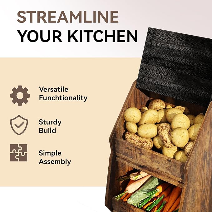 ARTETHYS Potato Storage Bin Movable Bread Box with Lid Rustic and Wheels Onion Organizer with Grocery Section Decorative Vegetable Organization Cabinet for Kitchen