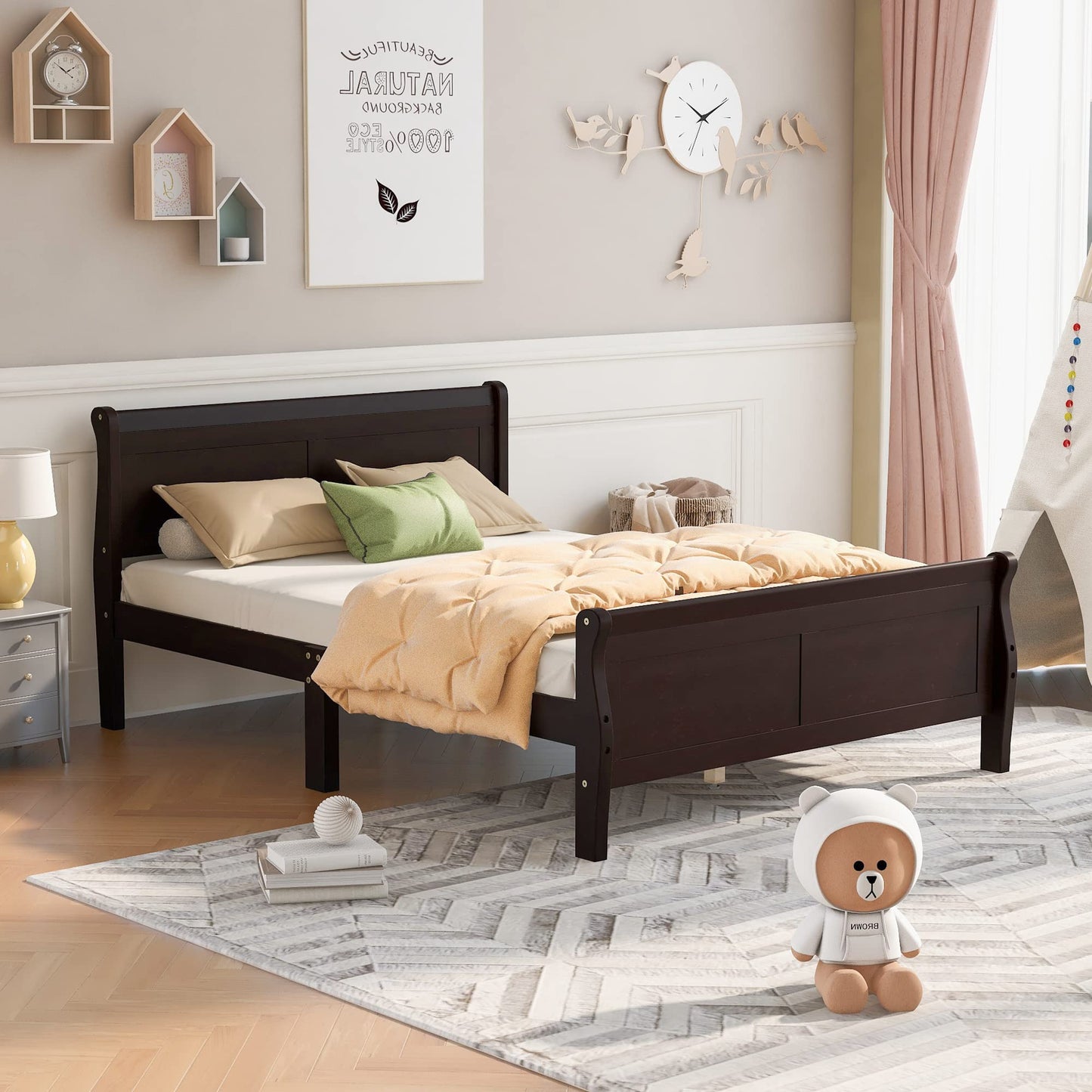 GDFStudio Queen Bed Frame, Wood Platform Queen Size Bed Frame with Headboard and Solid Wood Slat Support, Mid Century Modern Wooden Bed Frame for Bedroom Guest Room, No Box Spring Needed, Espresso