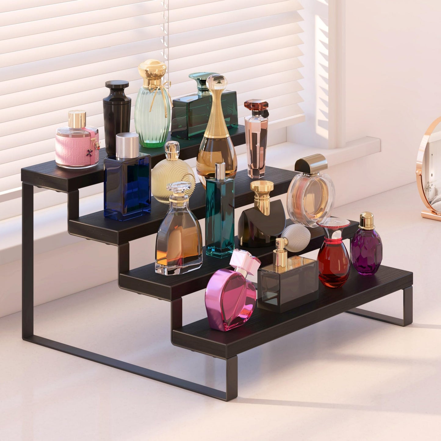 Wood Display Risers, 4 Tier 13.4IN Perfume Organizer Shelf with Metal Legs, Large Wooden Cupcake Stand Holder, Display Shelf Stand for Figures, Party, Makeup, Dessert Shelves for Party, Black
