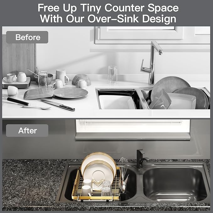 MAJALiS Gold Dish Drying Rack Over The Sink, Expandable Stainless Steel Dish Drainer for Small Kitchen Counter Space Saving, RV Compact Plate Strainer in Metal with Hanging Adjustable Utensil Holder