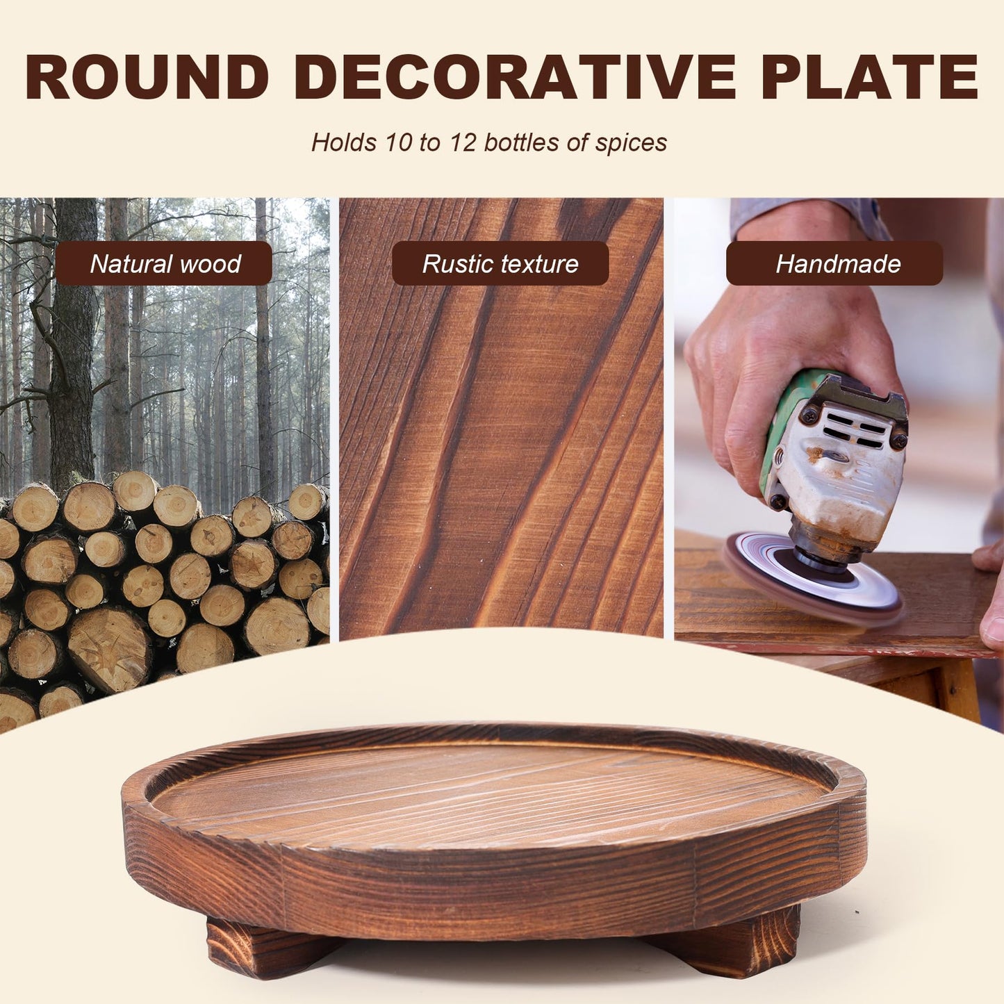 DEBETOOL Round Wooden Decorative Tray - Rustic Wood Soap Tray for Kitchen and Bathroom Counter Organizer, Farmhouse Kitchen Decor Wooden Riser for Soap Dish, Perfume, Candle, Potted