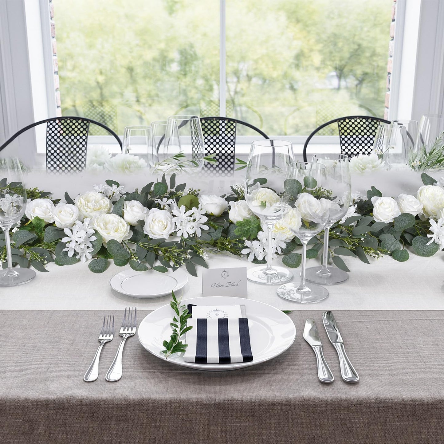 DearHouse 2Pcs Artificial Peony Flower Garland and - Silk Peony Garland with Flowers and Eucalyptus for Wedding Party Table Decoration,6ft/Strand (White)