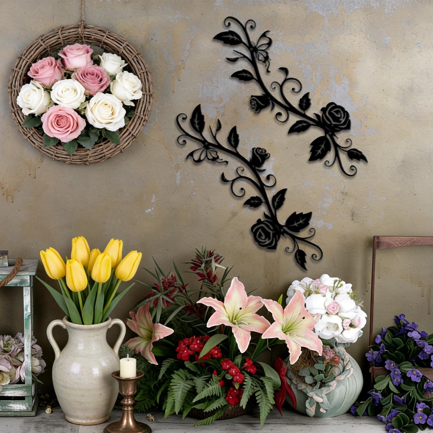 KOYILTD Metal Wall Decor, Black Wrought Iron Rose Vine Wall Art, Rustic Hanging Wall Sculptures with Iron Scroll Design, For Indoor Outdoor Living Room Office Above Door Decoration (Vivid)