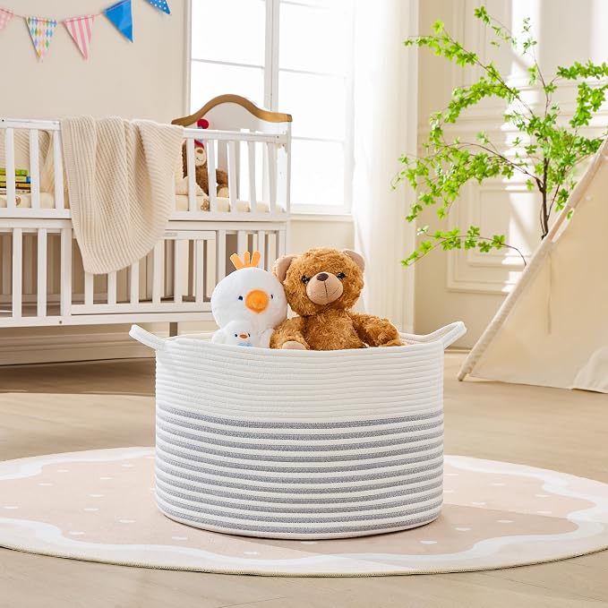 KAKAMAY Cotton Rope Storage Basket (20"x13"),Woven Hamper for Blankets,Toys,Pillows,Clothes,Laundry,Sturdy Handles Decorative Basket for Living Room, Bedroom,Nursery(Grey/Beige)