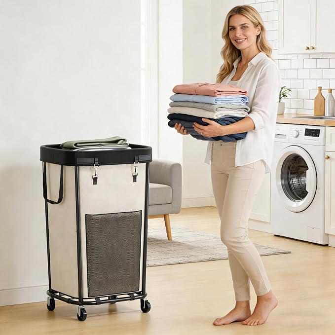 Laundry Basket with Lid and Wheels Rolling Laundry Basket, Removable Laundry Bag Design for Daily Use in Bathrooms and Laundry Rooms (Cover White, 160L)