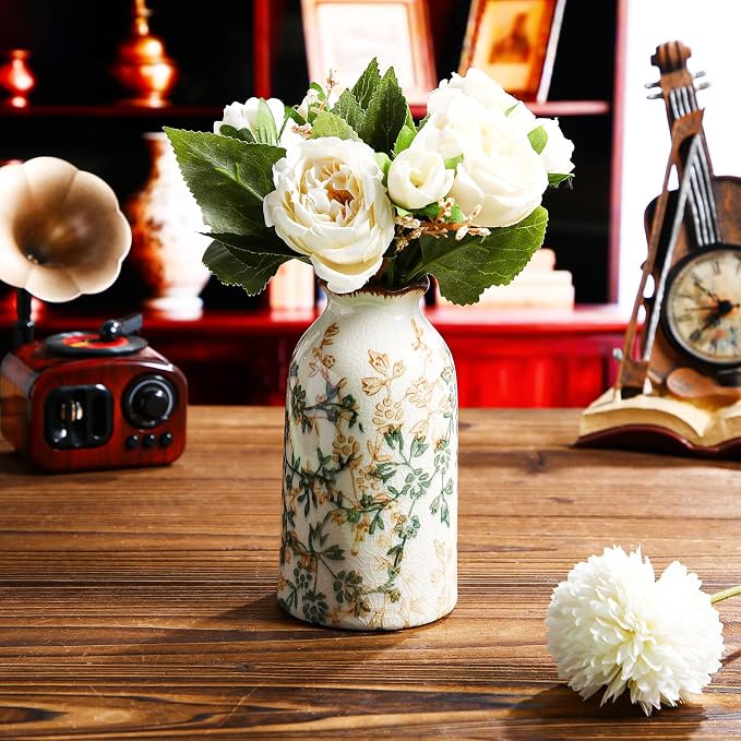 Green Vintage Vase Ceramic Crackle Floral Vase for Farmhouse Retro Home Bookshelf Living Room Table Centerpiece Decor(Rustic)