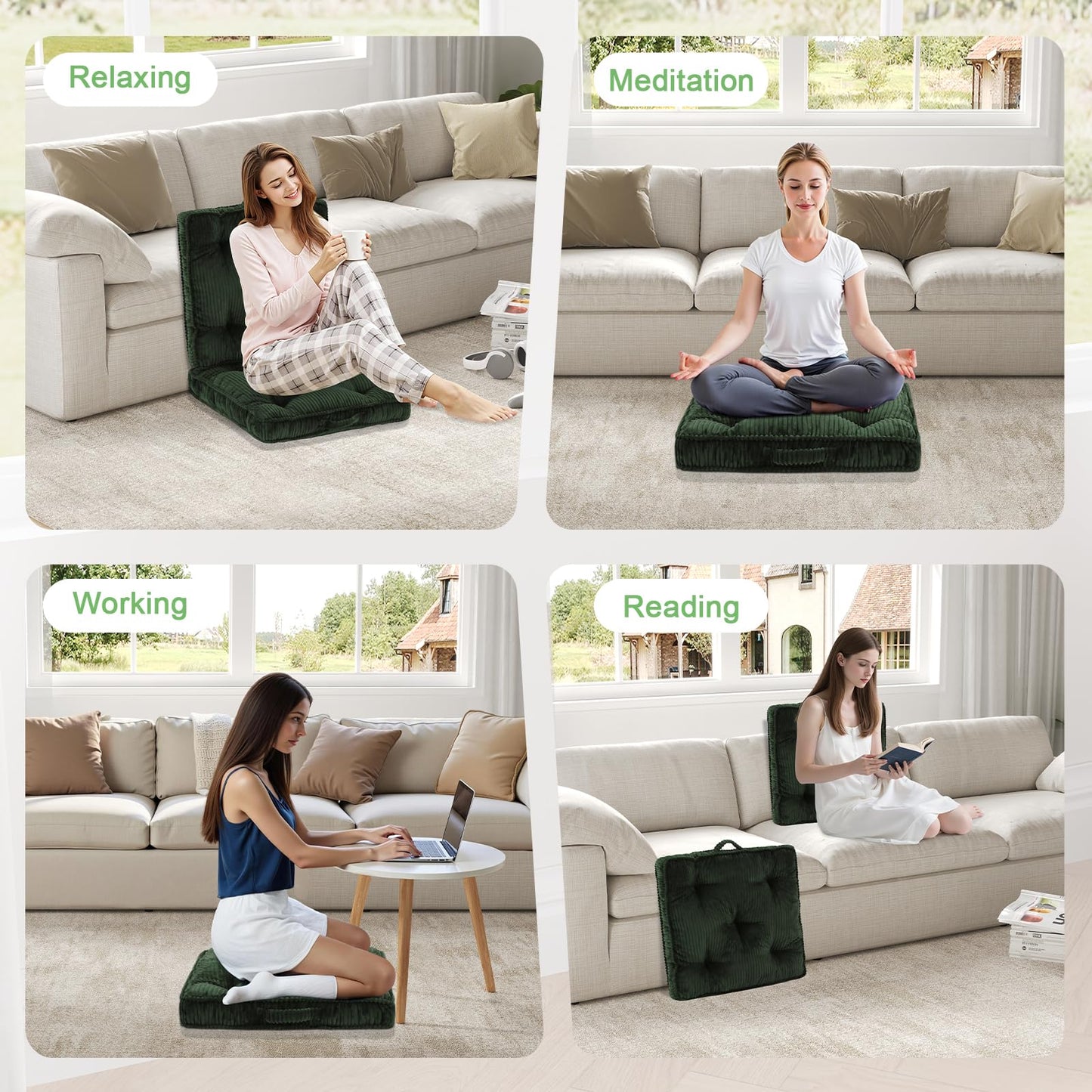 PRIMEPATIO Floor Pillow, 24x24 Tufted Floor Cushion for Adults, Square Large Meditation Cushion Pillow, Green Corduroy Sitting with Handle, Yoga Seating for Tatami, 1Pack