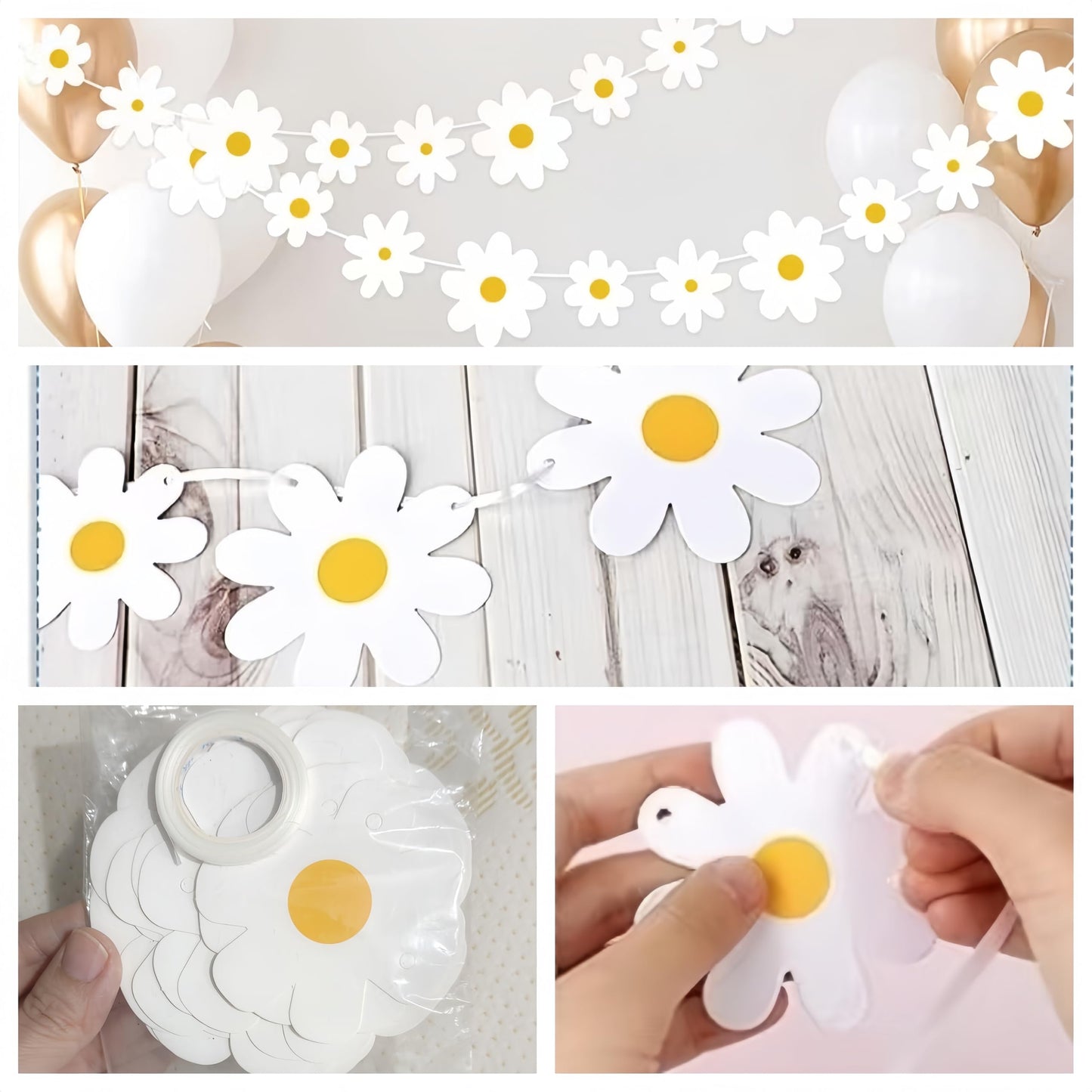 4 Packs Daisy Banner Garland Groovy Hippie Boho Birthday Decor Daisy Party Decoration Spring Flower Hanging Banner Daisy Paper Cutouts for Girl Birthday Supplies