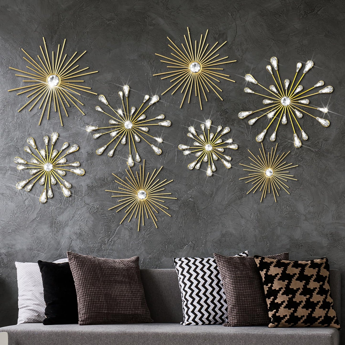 Blulu 8 Pcs Gold Metal Wall Art Cast Iron Starburst Wall Decor Bling Crystal Sculptures Living Room 3D Teardrop Radial Rhinestone Hanging Diamond Accents for Home Office Bedroom Entryway