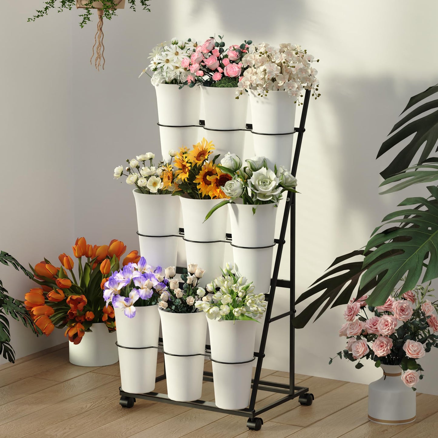 Invech Flower Display Stand with 9 Buckets and Wheels, 3 Tier Flower Cart Display Stand for Indoor Outdoor Garden, Wedding, Flower Shop (Black)