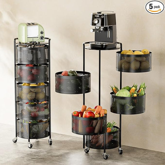 JAQ No Assembly 5-Tier Kitchen Storage Cart with Wheels, Rotating Produce Organizer for Onion, Potato & Vegetable Storage, Large Capacity Pantry Storage Rack, Black