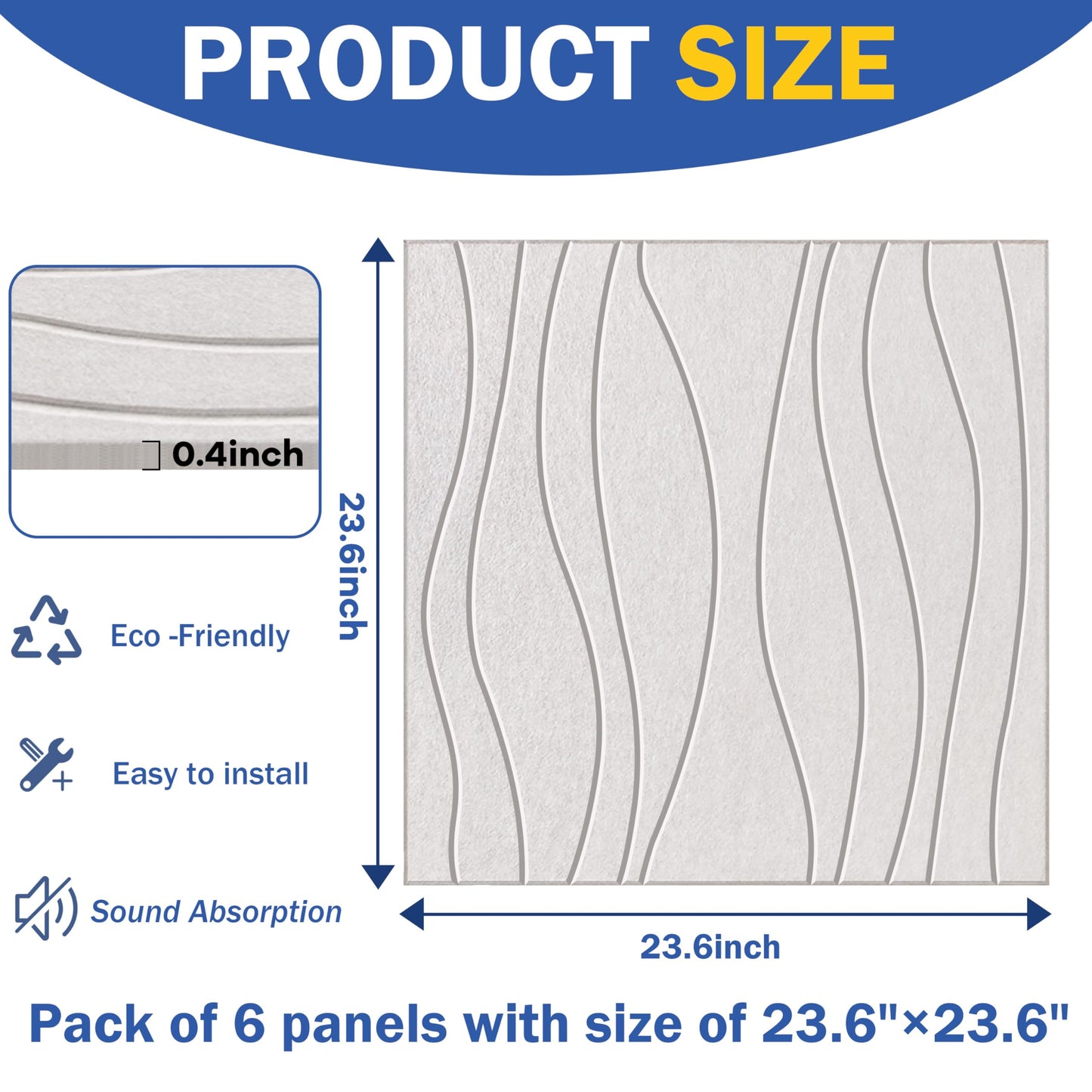 6 PCS Acoustic Panels, 23.6x23.6'' Self-Adhesive Soundproof Wall Panels,Water Waves Acoustical Wall Panels, Peel and Stick Wall Panel Decorative Acoustic Wall Panels for Recording and Home Studio