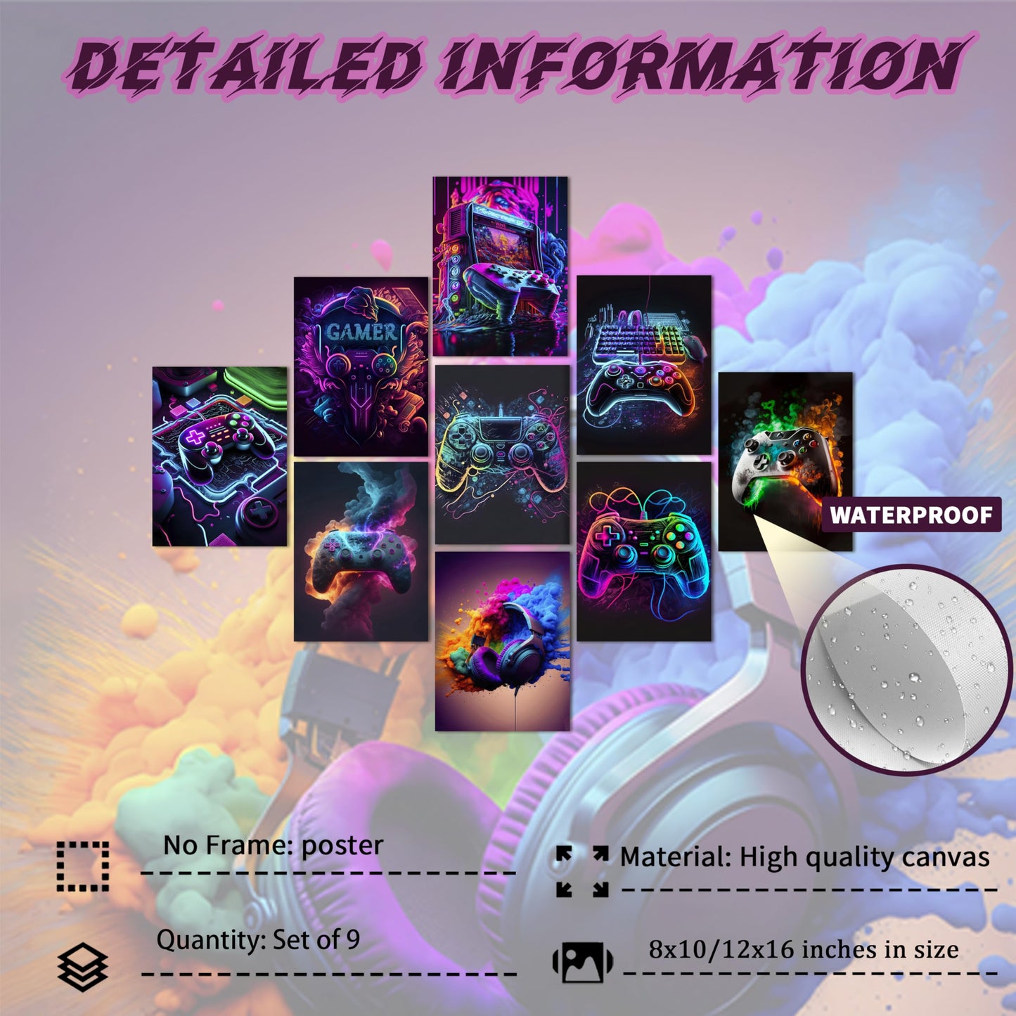 MUWAK Canvas Cool Game Posters Wall Art Set of 9 – Neon Gamepad Graffiti Prints, Gaming Wall Decor Aesthetic Pictures for Teen Bedroom Dormitory Game Room Decorate – 8x10in Unframed