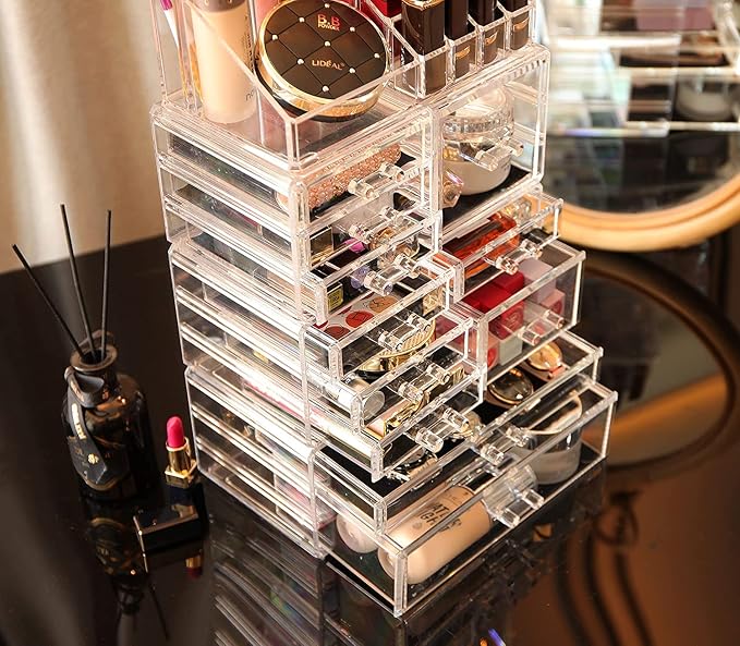 Cq acrylic Makeup Organizer Skin Care Large Clear Cosmetic Display Cases Stackable Storage Box With 11 Drawers For Vanity,Set of 4