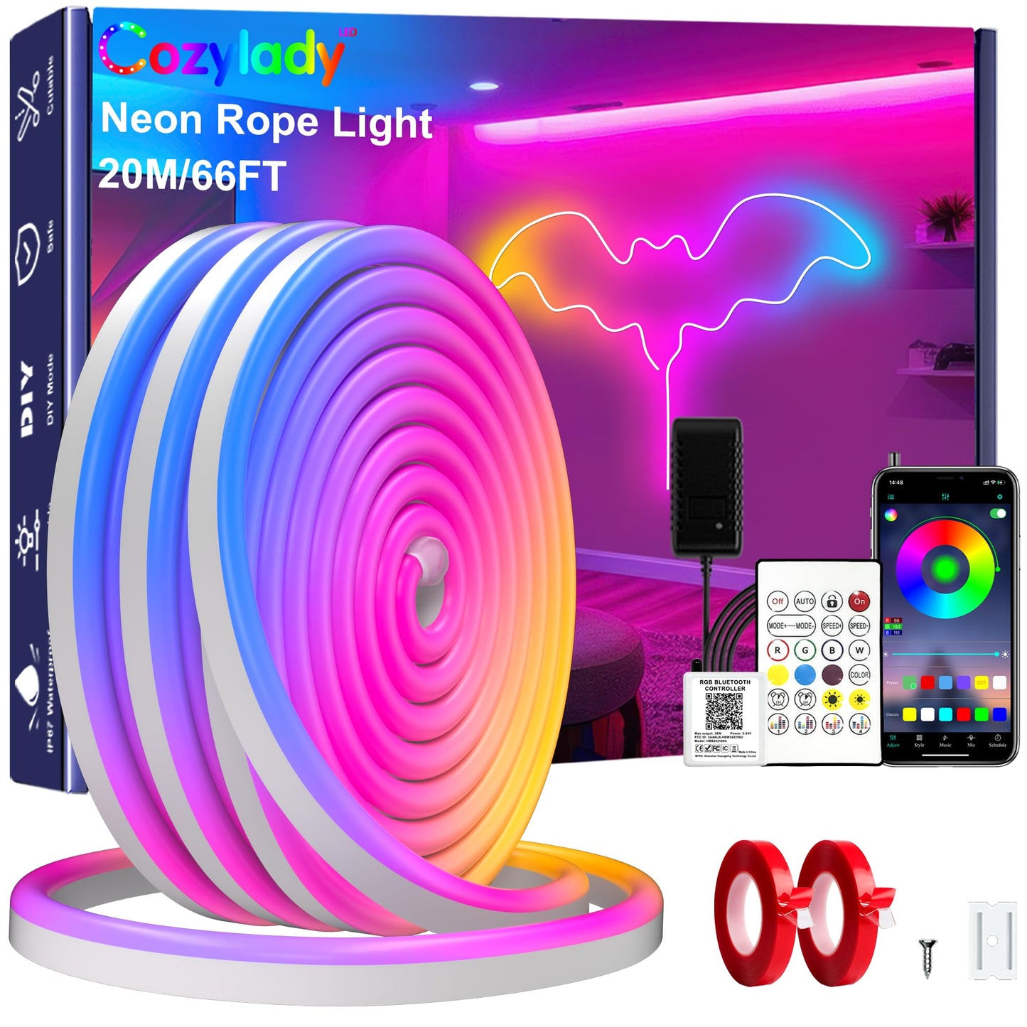 Cozylady 66Ft (33Ft * 2 Rolls) RGB LED Neon Rope Lights for Bedroom, 20m LED Strip Lamp with Double Sided Adhesive Tape, App/Remote Control DIY Lights Decorate The Outdoor and Indoor of Your Home