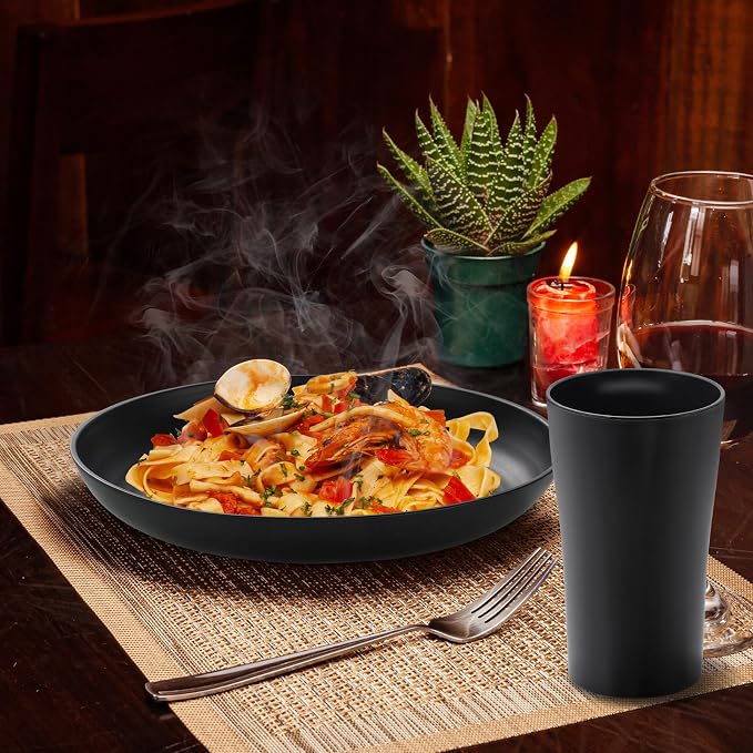 32-Piece Kitchen Plastic Wheat Straw Dinnerware Sets, Service for 8, Unbreakable Modern Dish Set - Dinner Plate/Dessert Plates/Cereal Bowl/Cup, for Apartment Essentials, Outdoor Camping,Black