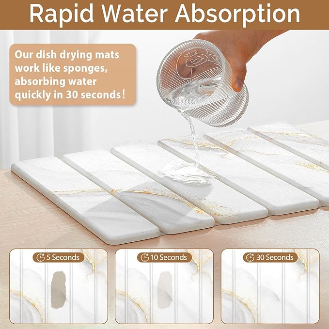 Small Stone Dish Drying Mat for Kitchen Counter, 15.7"×12" & 8"x4" Quick Dry Stone Mats, Foldable Water Absorbing Diatomaceous Earth Drying Dish Pad for Countertop Bottles Utensils Cup(Gold White)