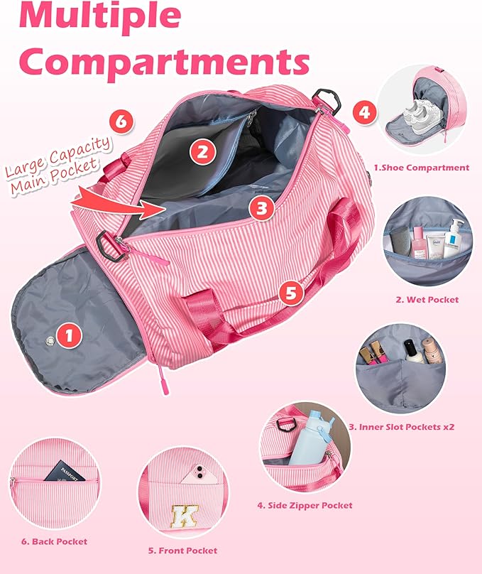 Gifts for Teenage Girls, Girl Gym Bag, Kids Initial Overnight Duffel Bags with Shoe Compartment, Personalized Travel Bag with Makeup Pouch, Girly Fashion Stuff Birthday Gift (Letter L)