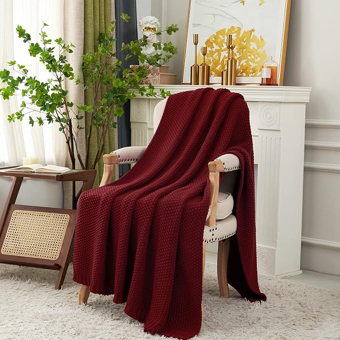 Longhui bedding Chunky Cable Knit Throw Blanket Lightweight Wine red 100% Organic Cotton Blanket for Sofa Couch Bed Baby Nursery, Rustic Shabby Chic Modern Farmhouse, 60” x 80” Give Laundering Bag