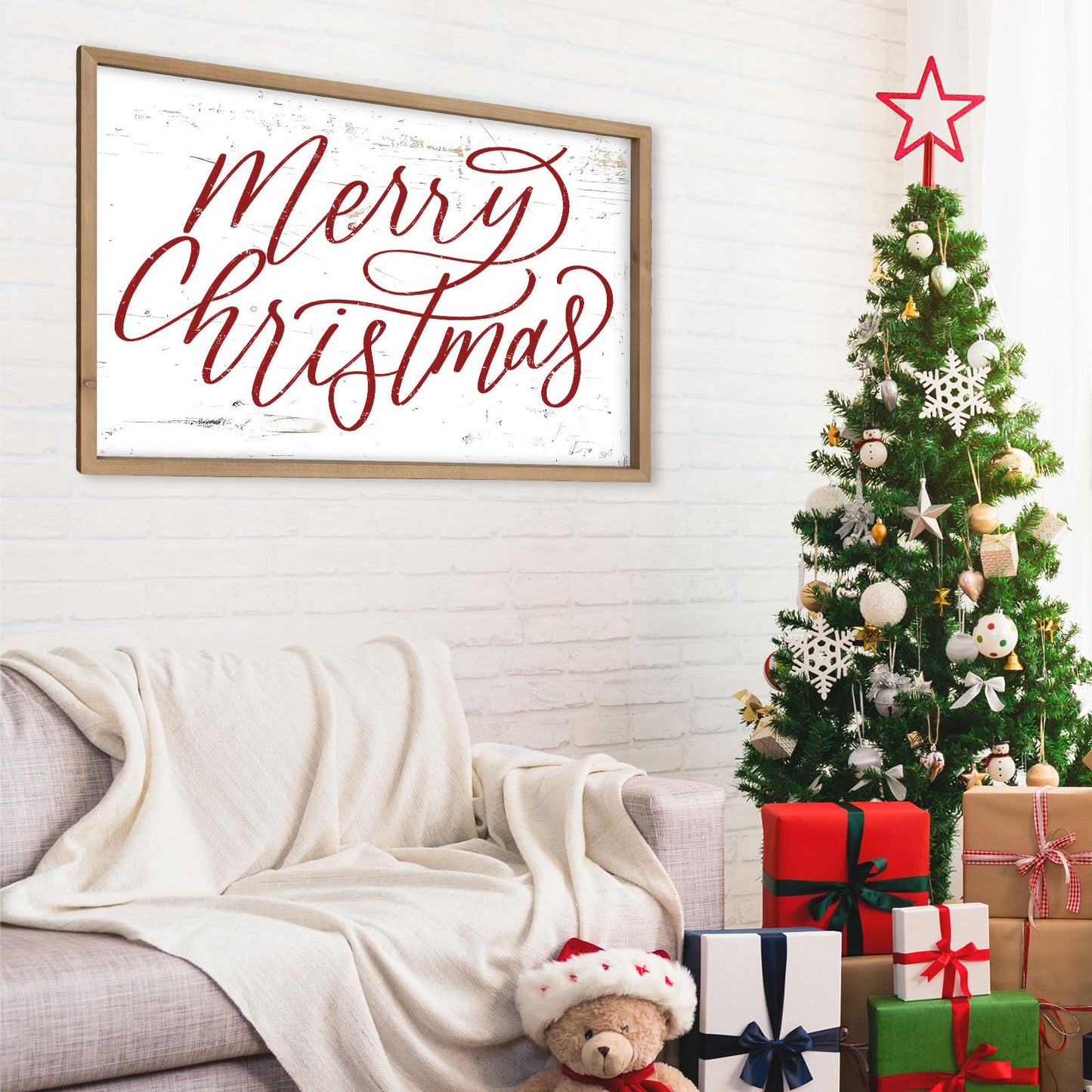 pechpell Merry Christmas Wall Decor Art Framed, 23.6×15.7 Inch Large Wooden Merry Christmas Sign, Xmas Holiday Indoor Living Room Bedroom Office Mantel Rustic Farmhouse Decorations for Home Kitchen