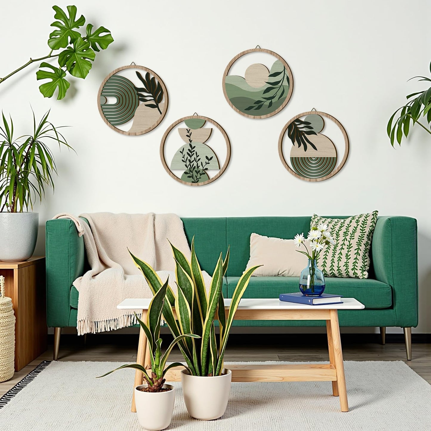 TOARTi 4 Pieces Green Botanical Wooden Wall Art Bohemian Hanging Art Farmhouse Geometric Wooden Wall Decor Aesthetic Tropical Plant Artwork Boho Minimalist Wall Decor for Bedroom Living Room