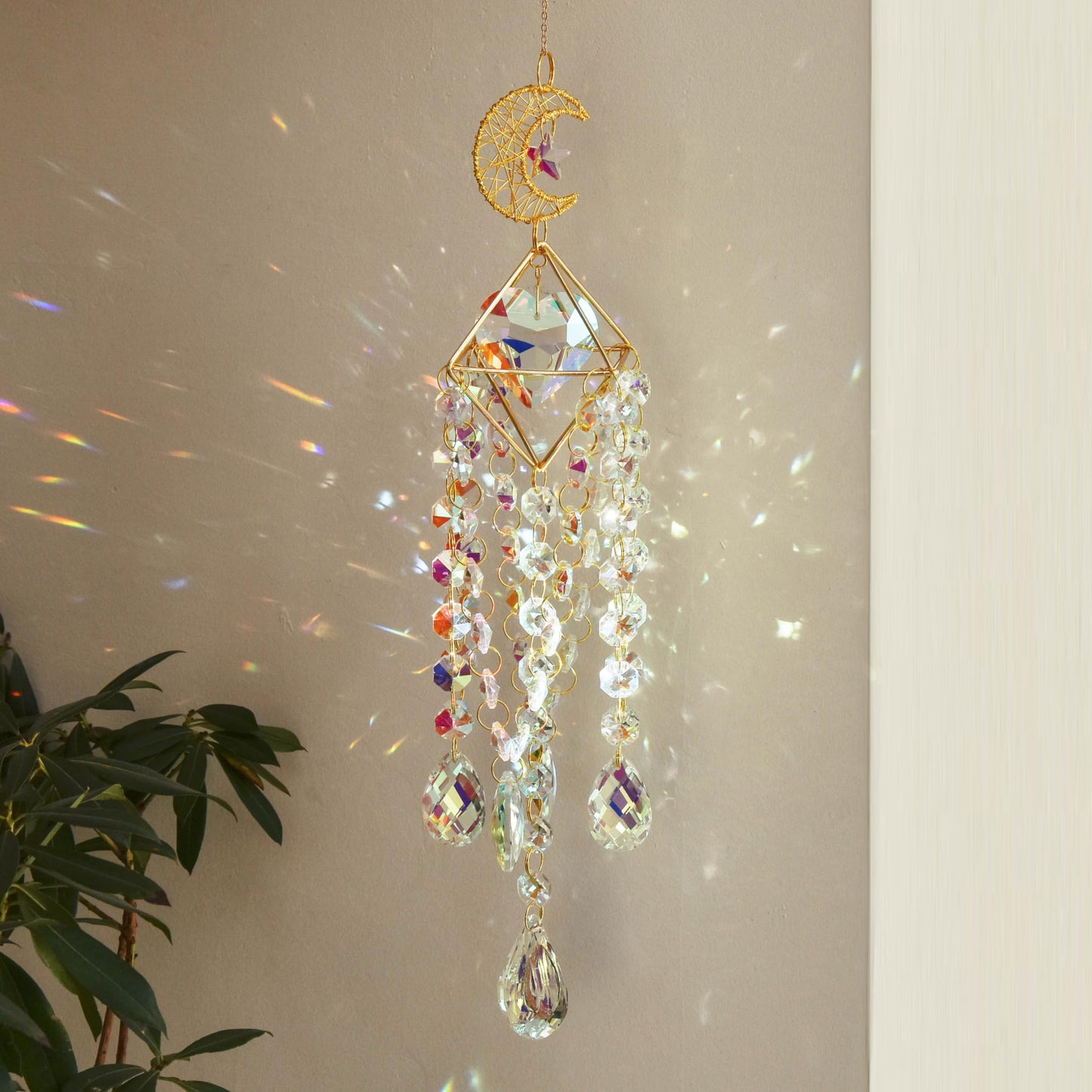 Moon Star Crystal Suncatcher Hanging Ornament - Rainbow Maker Prism Pendant for Window, Home, Garden, Wedding Decor, Ideal Gift for Mom, Women, Girls