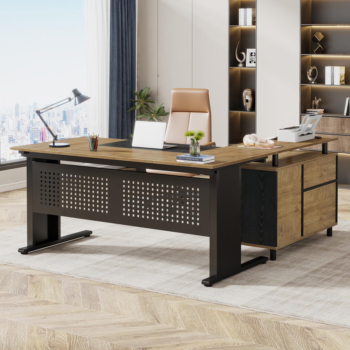 Tribesigns 63 Inch Executive Desk with File Cabinet, Large Office Desk L Shaped Computer Desk with Drawers and Storage Shelves, Business Furniture Desk for Home Office, Wood Color and Black
