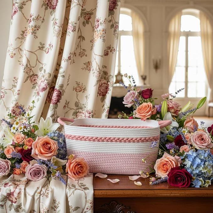 Decorative laundry basket with handles woven from natural cotton rope storage blankets for living room cute boho quilted gift baskets for clothes pillows toys 20"x14"x10",white/pink