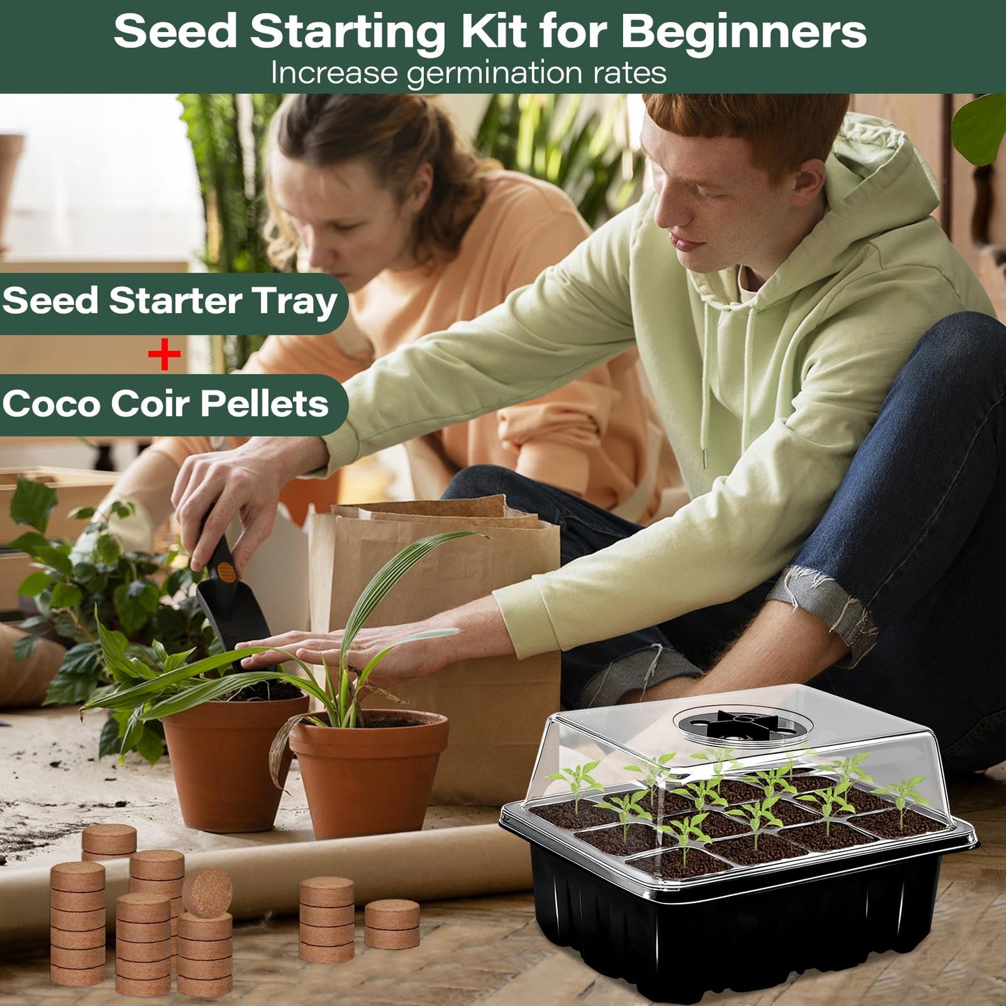 ZeeDix 6 Set Seed Starter Tray Kits, 6 Pack Seed Trays with 90 Pack Coco Coir Pellets, Adjustable Humidity Germination Tray with Dome Lids for Indoor Plants, Mini Greenhouse for Vegetables Garden
