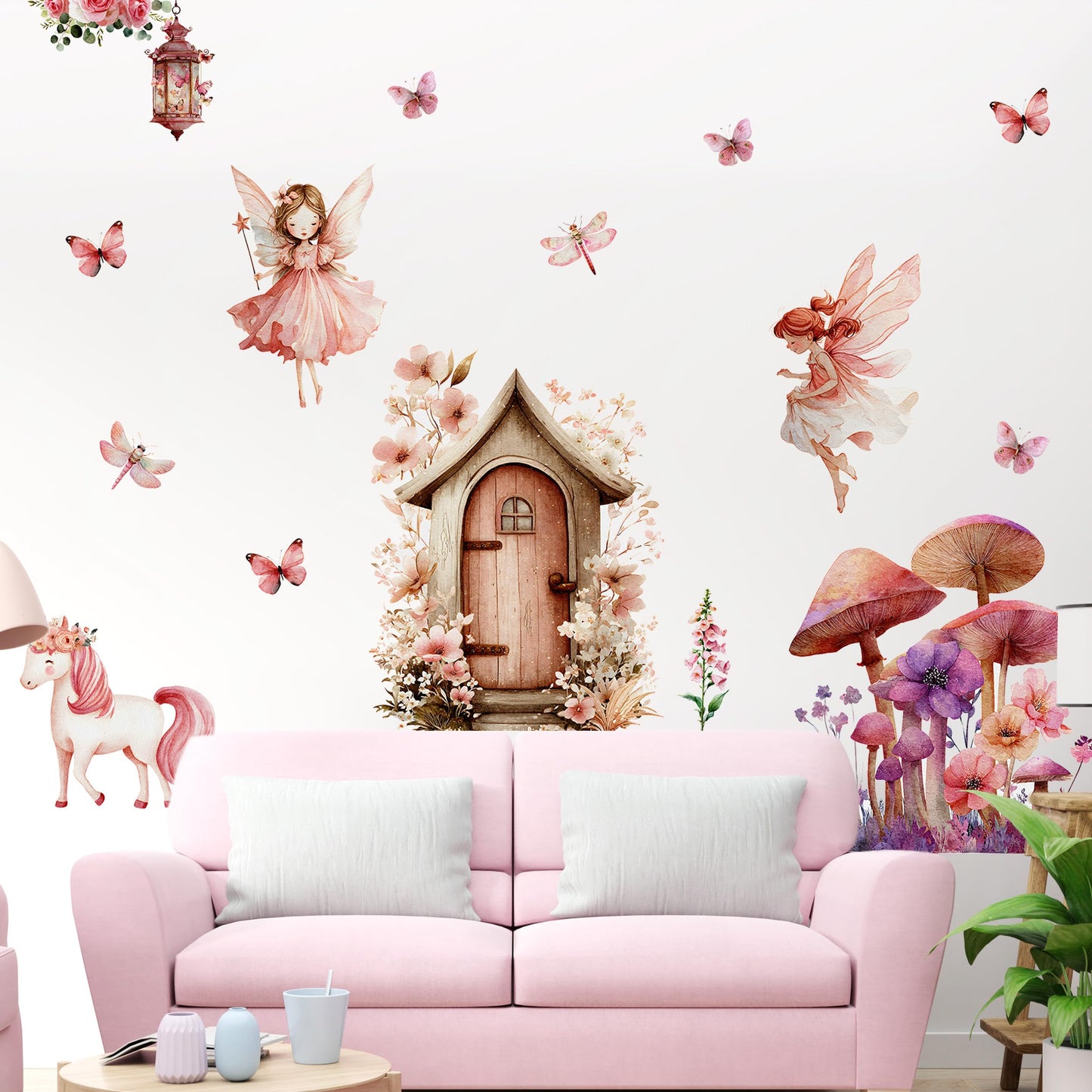 Flower Fairy Wall Decals, Mushroom Butterfly Elf Art Wall Sticker, Peel and Stick Butterfly ＆ Flowers Airy Decor for Kids Girls Room Baby Nursery Bedroom (Mushroom Fairy Wall Decals 251)