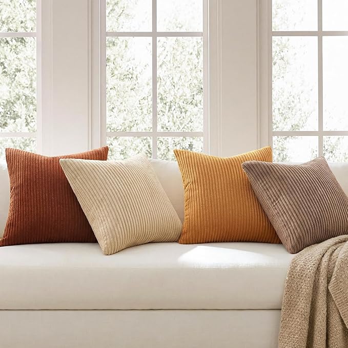 Topfinel 20x20 Inch Pillow Covers Set of 4 Rustic Modern Soft Corduroy Striped Decorative Cushion Cover Yellow Brown Gradient Farmhouse Pillow Case for Sofa Couch Living Room Bedroom