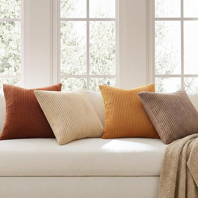 Topfinel Boho Throw Pillow Covers 18x18 Inch Set of 4 Soft Farmhouse Corduroy Striped Decorative Cushion Cover Yellow Brown Gradient Rustic Pillow Case for Sofa Couch Living Room Bedroom