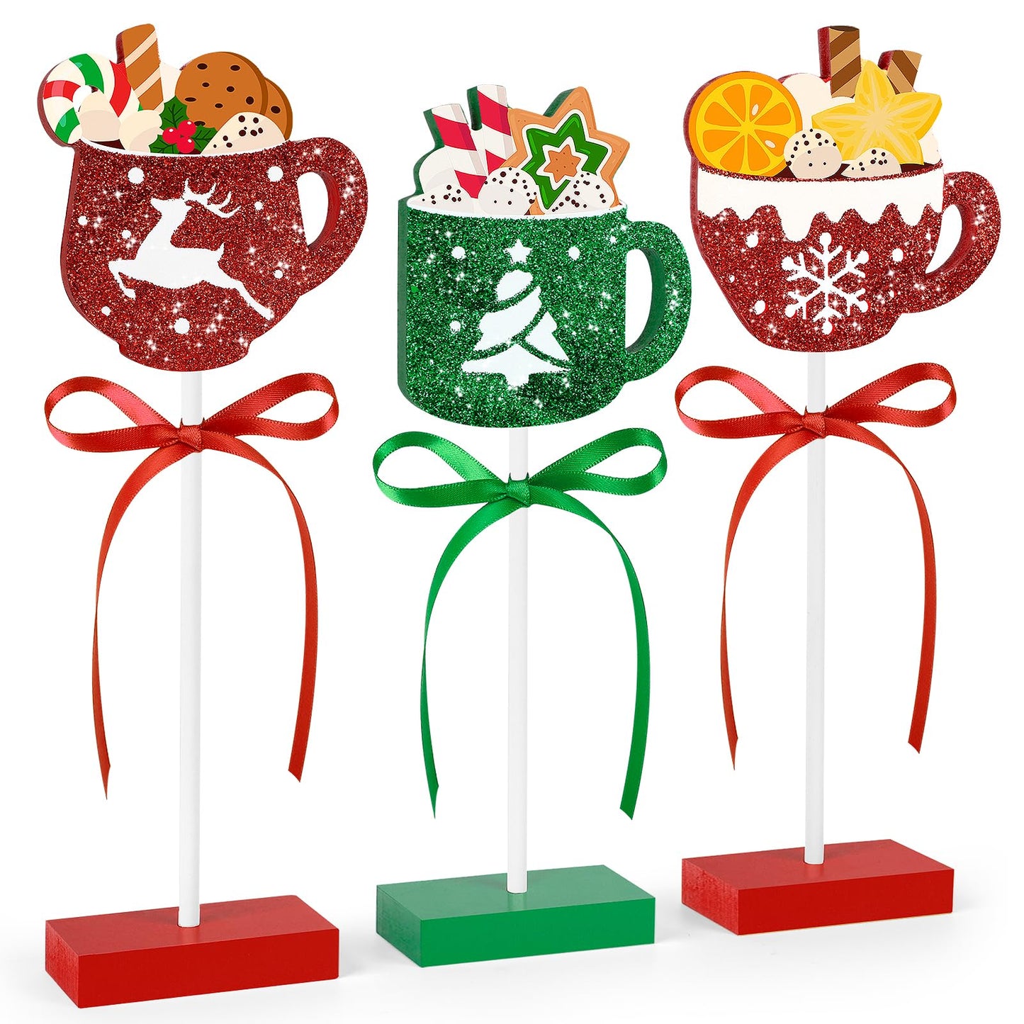 3 Pieces Christmas Table Decorations Wooden Coffee Cup Set, Red and Green Christmas Tiered Tray Decor for Home Office Kitchen Tables (Coffee Cup)