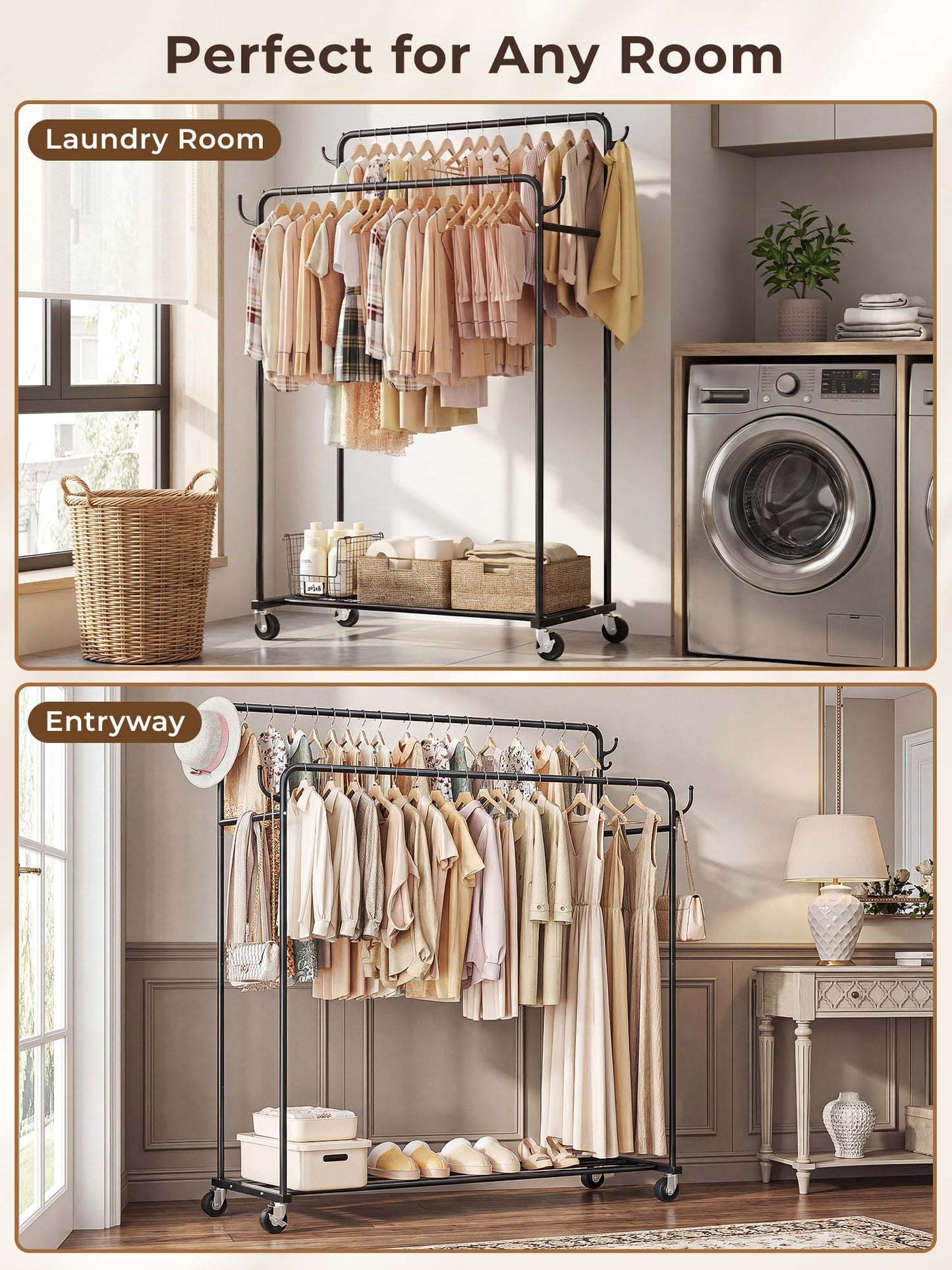 HogHow Clothes Rack, Rolling Clothing Rack with Double Rods for Hanging Clothes, Portable Garment Rack with Wheels, Metal Wardrobe Closet Organizer for Bedroom and Laundry Room