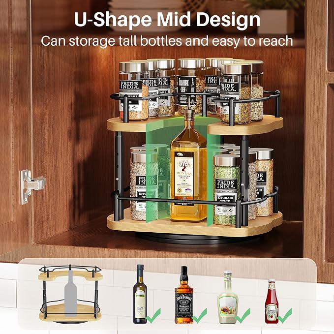 Lazy Susan Organizer Spice Rack - Spice Organization for Cabinet Height Adjustable Rotating Lazy Turntable, Pantry Kitchen Wood Revolving Seasoning Organizer (Natural, 9 Inch)