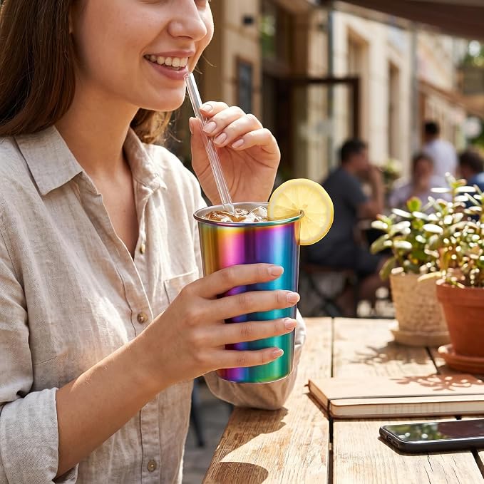Tosnail 6 Pack Stainless Steel Pint Cups, 16 oz Metal Cups Unbreakable Drinking Glasses Water Tumblers for Kids, Adults Indoor and Outdoor Use, Rainbow