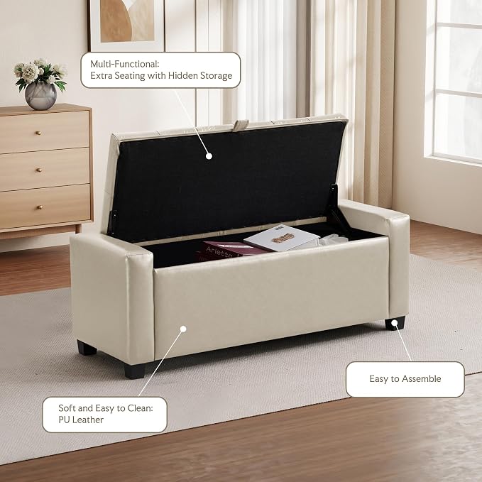 GRAINELL Storage Ottoman Bench, Upholstered Tufted Bedroom Bench with Storage, End of Bed Storage Bench for Living Room & Entryway, 350 lb Capacity, Leather Beige