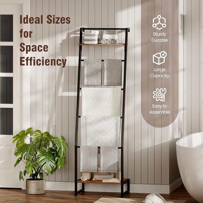 Nuoex Blanket Ladder with Shelf, 6 Layer Wall-Leaning Blanket Rack, Farmhouse Blanket Shelf for Storage and Home Decor, Freestanding Rack for Bathroom, Rustic Brown and Black