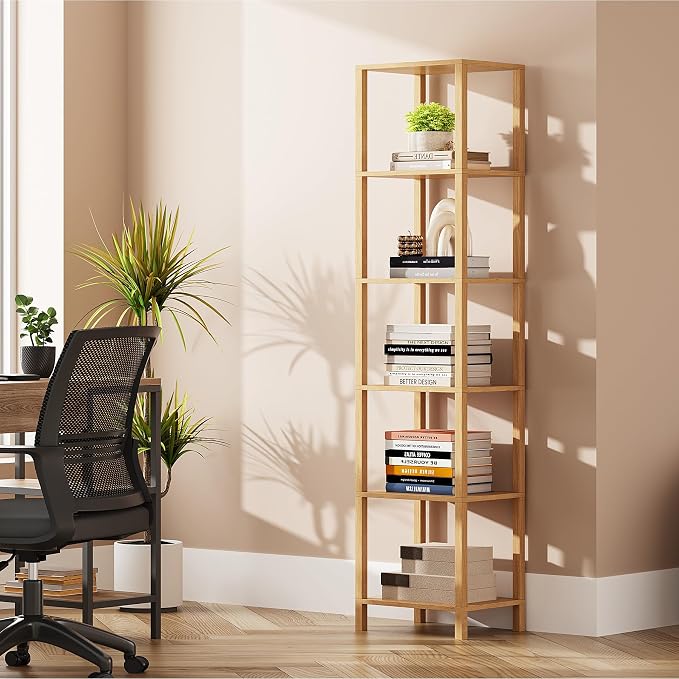 TUTOTAK Bookshelf, 6-Tier Tall Book Shelf, Narrow Bookcase for Small Space, DIY Stackable Bookshelf, for Living Room, Office, Study, Entryway, Industrial, Natural BS01BN006