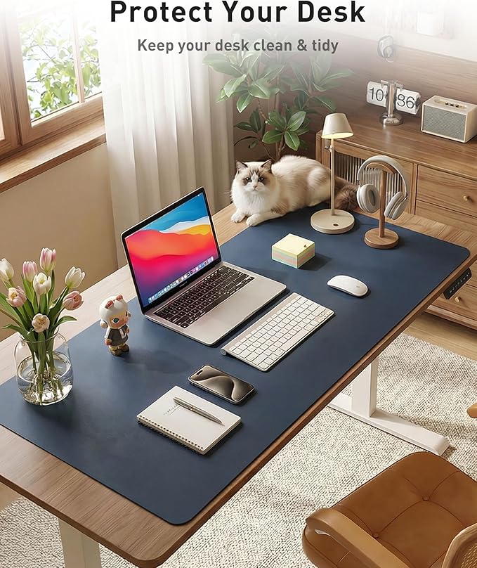 Aothia Faux Leather Desk Mat - Large Mouse Pad, Non-Slip PU Leather Blotter, Waterproof Writing Surface for Office and Home (Dark Blue, 42" x 17")