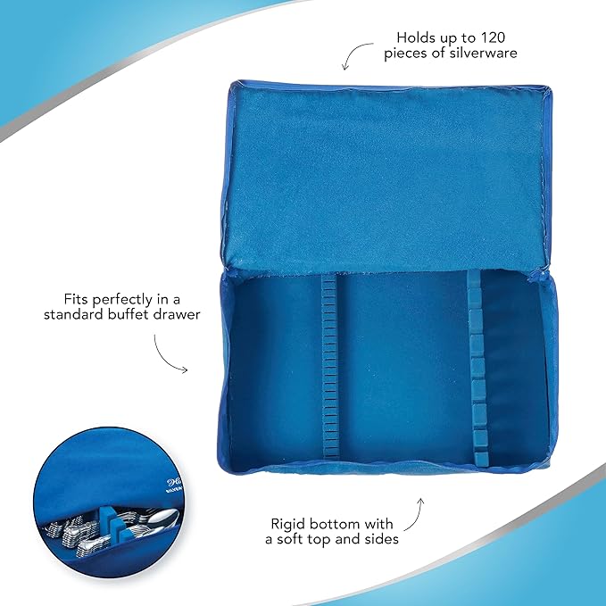 Hagerty Zippered Flatware Storage Drawer Liner –Tarnish Preventative Silverware Organizer, Large Container, Cutlery Holder, and Utensil Keeper Bag, Made in USA, Kosher Certified,Blue, 19" x 12" x 2.5"