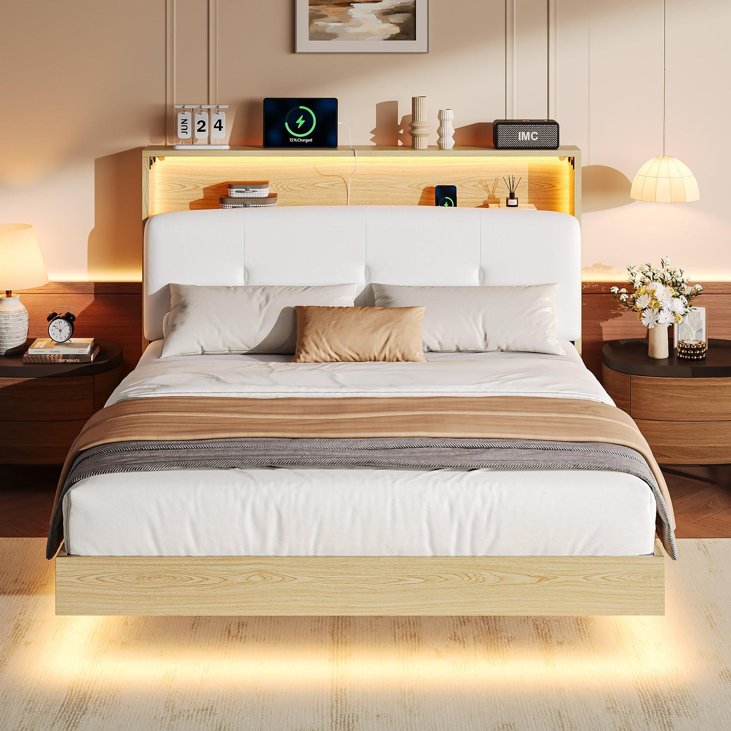 Einhomn Floating Bed Frame Full with 2-Tier Storage Velvet Fabric Upholstered Headboard, Wooden Platform Bed Frame w/Charging Station & LED Lights, Metal Slats Support, No Box Spring Needed, Natural