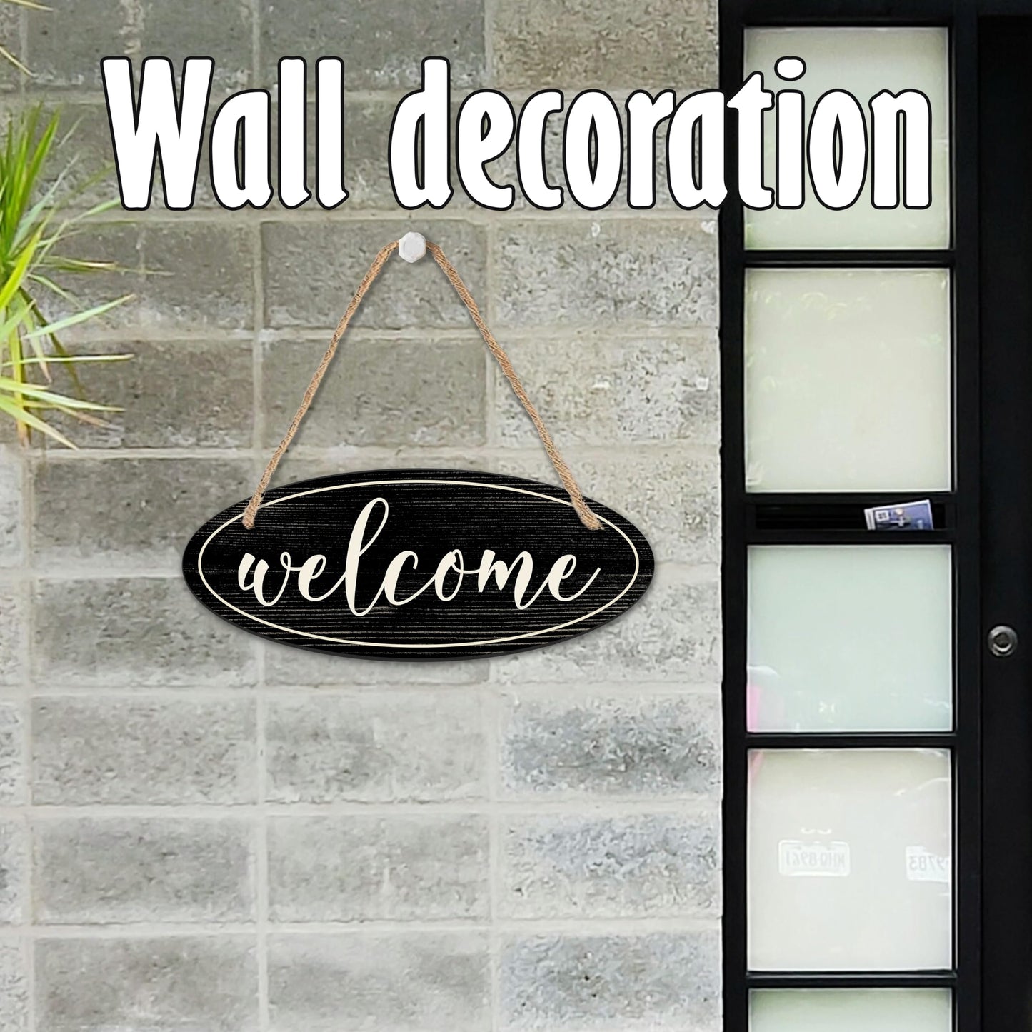 Welcome Sign - 4"X10“ Oval Wooden Hanging Sign With Sisal Ropes, Home & Office, Front Door Yard Sign, Indoor Outdoor Wall Decor & Accessories (Black & White) - B03