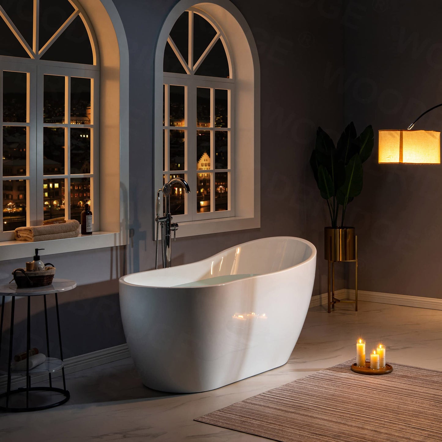 WOODBRIDGE 59" Acrylic Freestanding Bathtub Contemporary Soaking White Tub with Brushed Gold Overflow and Drain，B1530-BG-Drain&O
