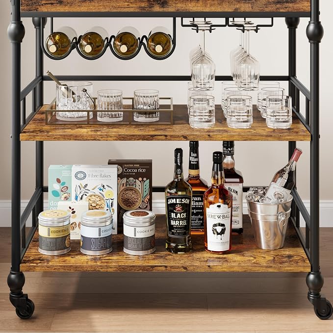 GarveeHome Bar Cart with Wheels, 3-Tier Serving Cart for Home, Mobile Rolling Beverage Cart with Wine Rack and Removable Tray for Kitchen, Dining, Living Room, 35.4" x 15.7" x 34.1", Rustic Brown